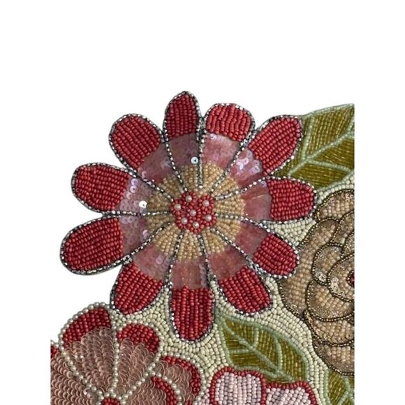 Nicole Miller Beaded Table Runner Pink Aqua Coral Floral 13" by 36" - Picture 4 of 6